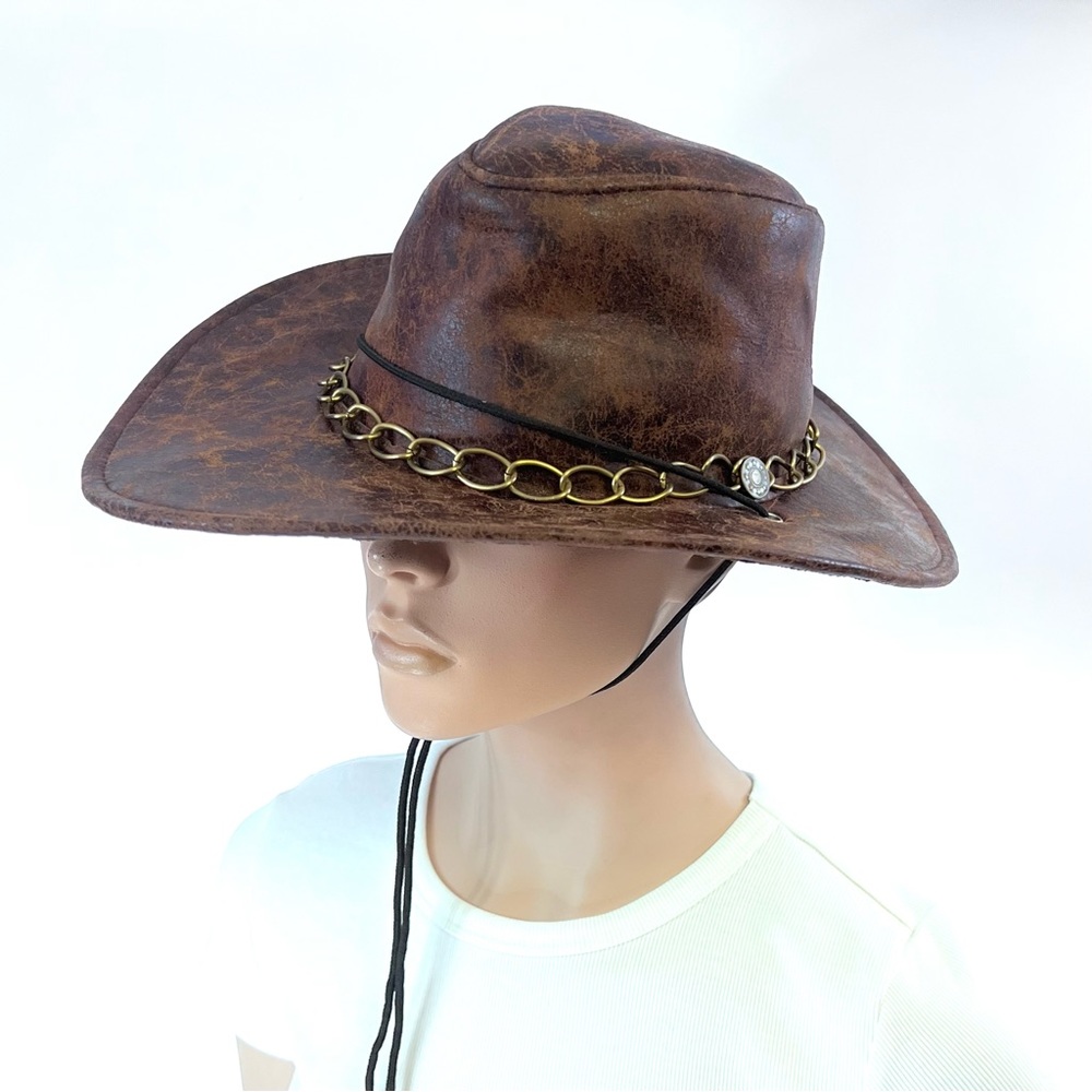 Men's Brown Cowboy Hat Western Distressed Leather-Look Hat Halloween